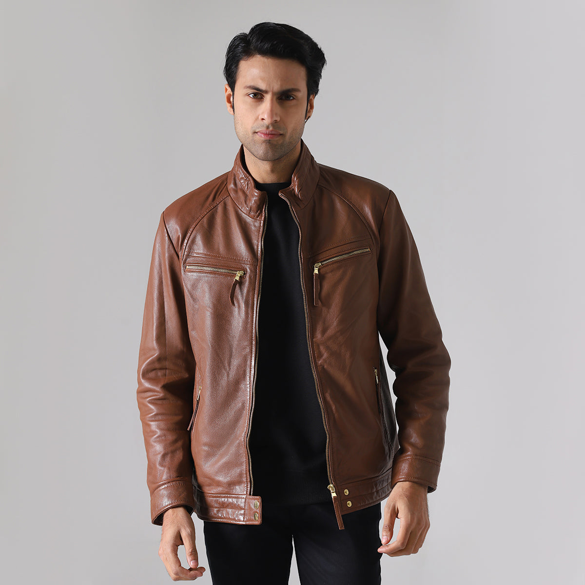 Leather Jacket-HWMF1322028 - Brown / S